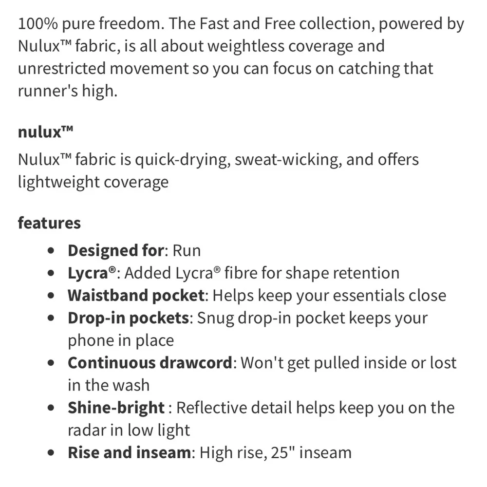 Lululemon Fast & Free 7/8 Tight II Nulux 25